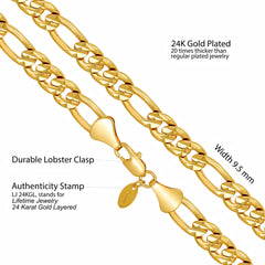 Radiant Diamond Cut Figaro Chain Necklaces 24k Real Gold Plated ( 6mm, 7mm, 9.5mm )
