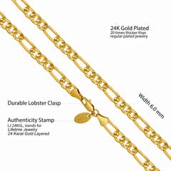 Radiant Diamond Cut Figaro Chain Necklaces 24k Real Gold Plated ( 6mm, 7mm, 9.5mm )