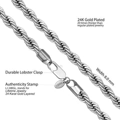 Gold Plated 8mm Rope Chain Necklace Stainless Steel