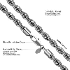 Gold Plated 9mm Rope Chain Necklace Stainless Steel