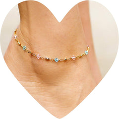 Gold Plated Anklet, Blue and Pink Stones