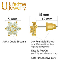 Gold Plated Cubic Zirconia 9mm Flower Stud Earrings