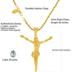 Gold Plated Jesus Pendant Necklace with Cubic Zirconia