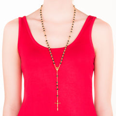 Gold Plated Rosary Necklace, Black Crystal Prayer Beads