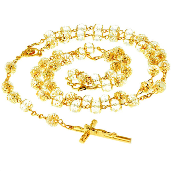 Gold Plated Rosary Necklace, Crystal Prayer Beads