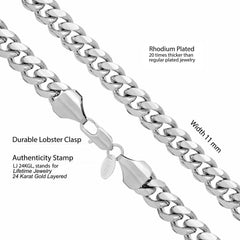 White Gold plated 11mm Cuban Link Chain (Rhodium)
