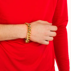 Gold Plated 15mm Cuban Link Bracelet worn by a guy in red as his bracelet