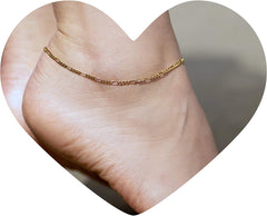 Gold Plated 1.5mm Anklet Figaro Chain worn in woman's ankle