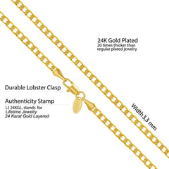 Gold Plated 3mm Beveled Cuban Link Curb Chain Necklaces