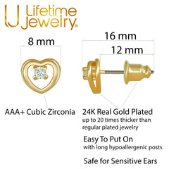 Gold Plated 8mm Cubic Zirconia Heart Stud Earrings