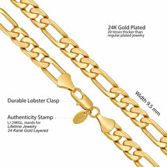 Gold Plated 9.5mm Bevelled Figaro Chain Necklaces