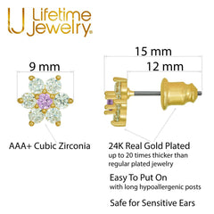 Gold Plated Cubic Zirconia 9mm Flower Stud Earrings