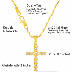 Gold Plated Cross Pendant Necklace with Cubic Zirconia