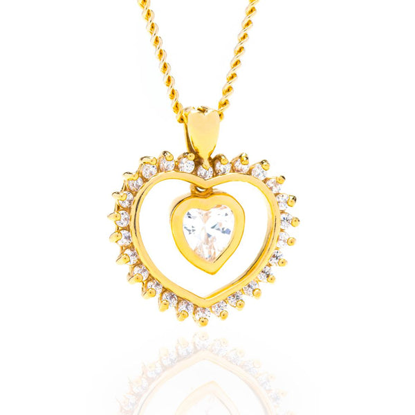 Gold Plated Dangling Cubic Zirconia Heart Necklace