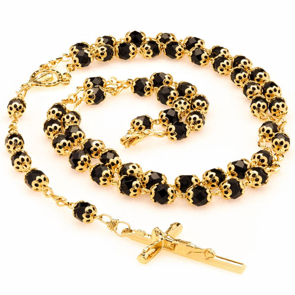 Gold Plated Rosary Necklace, Black Crystal Prayer Beads