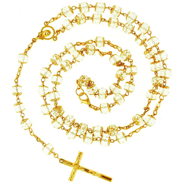 Gold Plated Rosary Necklace, Crystal Prayer Beads