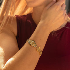 Gold Plated Lady of Guadalupe Emblem Link Bracelet