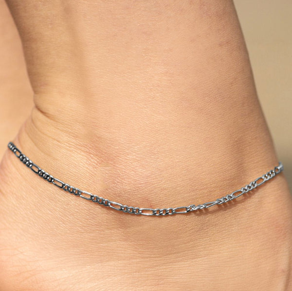 2.5mm Figaro Chain Anklet, Rhodium (white gold look)