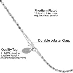 2mm Rope Chain Anklet, Rhodium (white gold look)