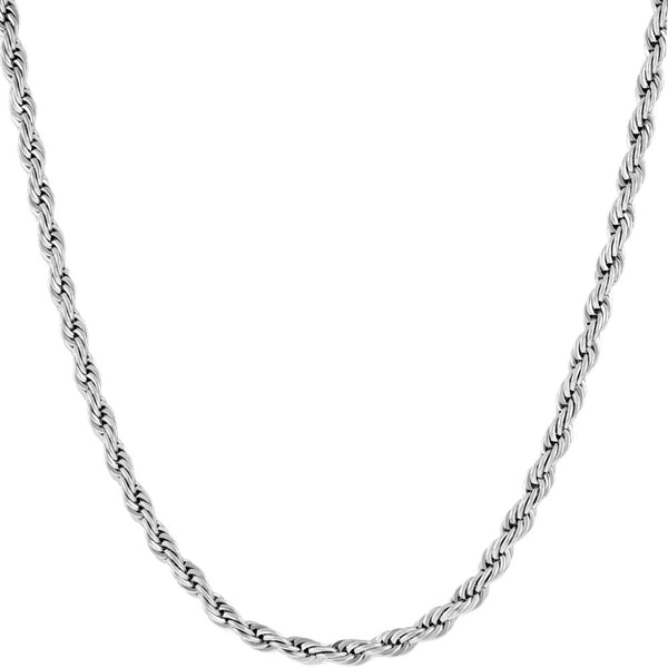 White Gold Plated Necklace 3mm Rope Chain, Rhodium