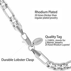 White Gold Plated 7mm Figaro Chain Bracelet (Rhodium)