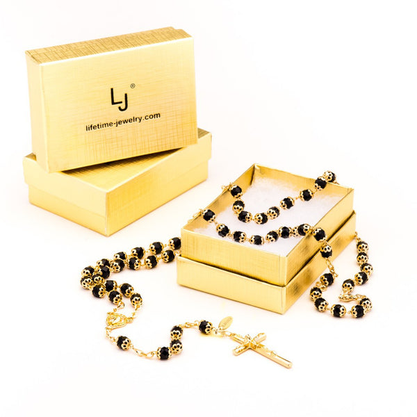 Gold Plated Rosary Necklace, Black Crystal Prayer Beads with boxes