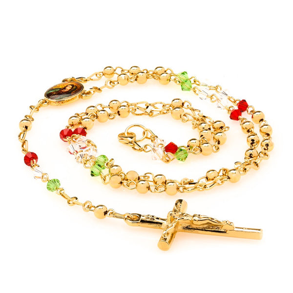 Gold Plated Rosary Necklace, Colorful Crystal Prayer Beads