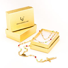 Gold Plated Rosary Necklace, Colorful Crystal Prayer Beads in a box