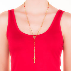 Woman wearing Gold Plated Rosary Necklace, Colorful Crystal Prayer Beads