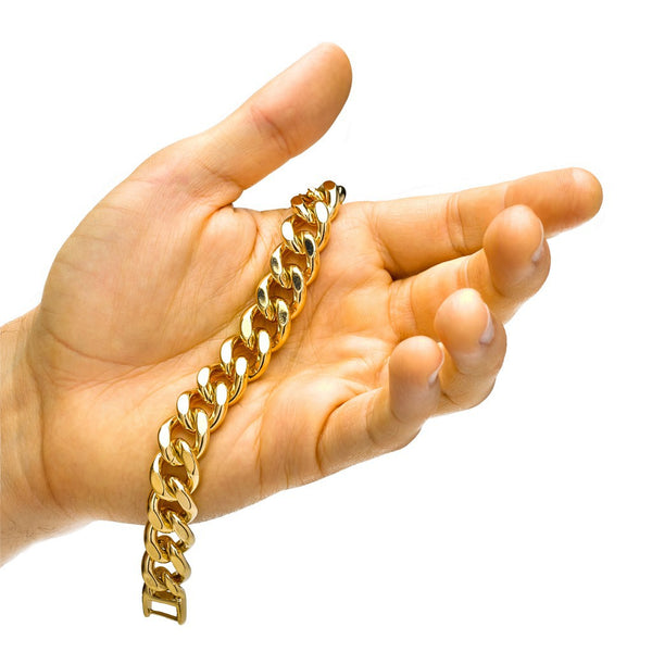 Gold Plated 15mm Cuban Link Bracelet in hand
