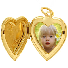 Opened with picture of a  Gold Plated Heart Locket Necklace, Double Heart Style