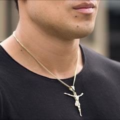 Man wearing Gold Plated Jesus Pendant with Cubic Zirconia, Cross Necklace