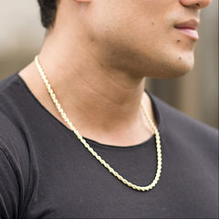 Gold Plated 5mm Rope Chain worn by a man in black as his necklace