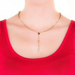 Woman wearing Small Rosary Necklace, Gold Over Bronze